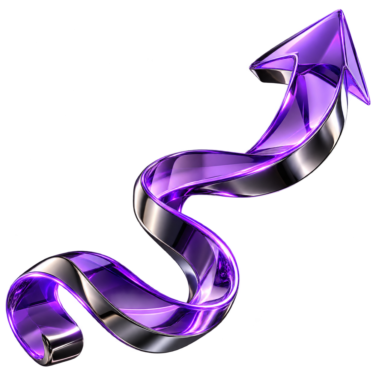Sculptural purple glass ribbon rising into an upward arrow
